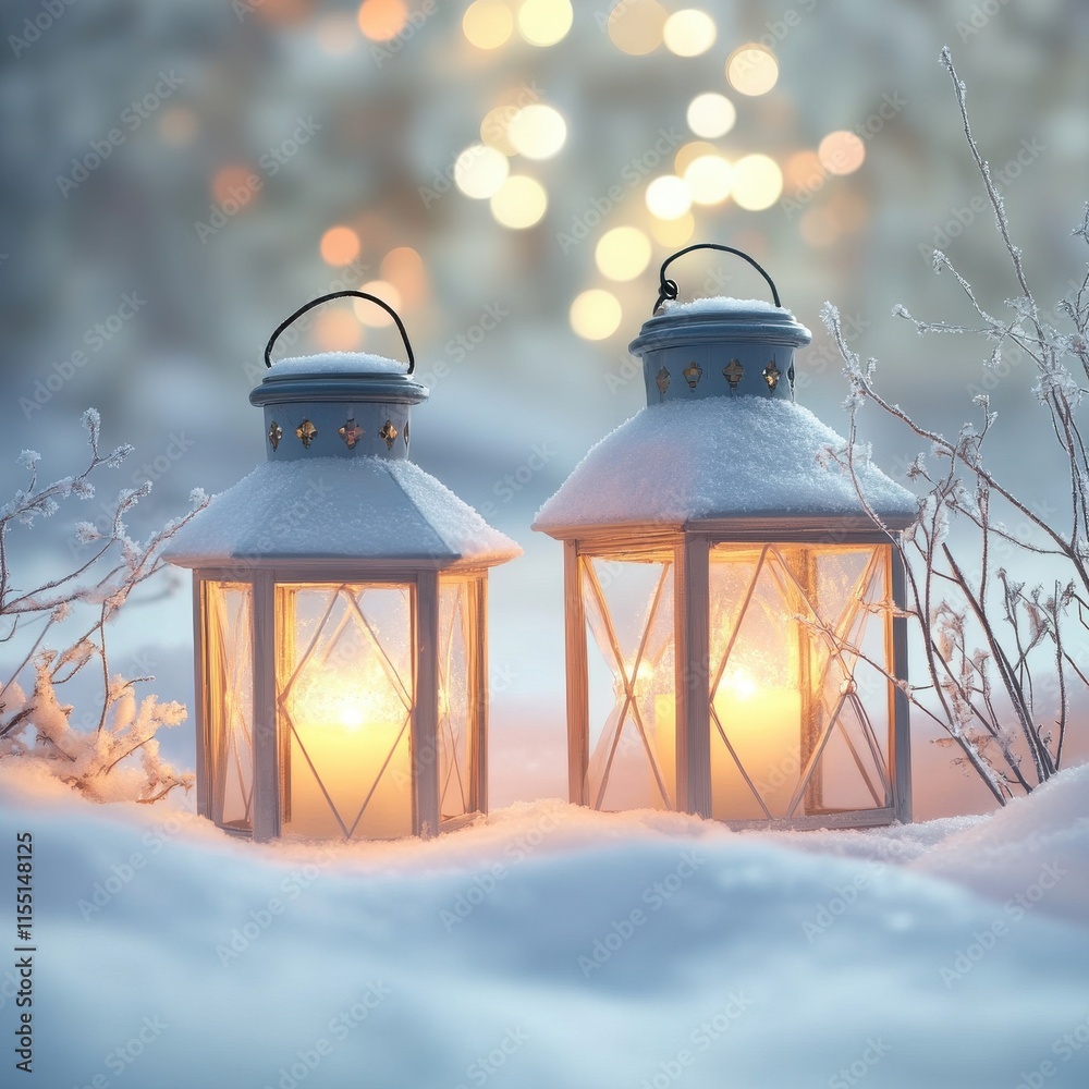 Two decorative lanterns covered in snow emit a warm glow, set against a beautiful winter background. Two decorative lanterns covered in snow emit a warm glow, set against a beautiful winter background.