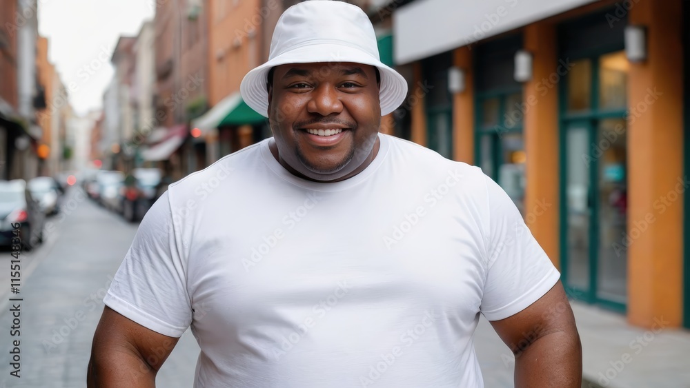 Plus size black man wearing white t-shirt and white bucket hat standing on the street Plus size black man wearing white t-shirt and white bucket hat standing on the street