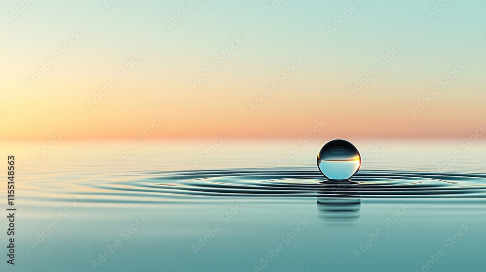 Transparent sphere resting on rippled water surface at sunrise. Transparent sphere resting on rippled water surface at sunrise.