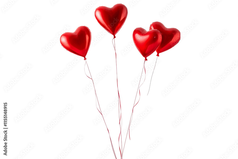 Party Decoration: Red Heart-Shaped Balloons Isolated on Transparent Background Party Decoration: Red Heart-Shaped Balloons Isolated on Transparent Background