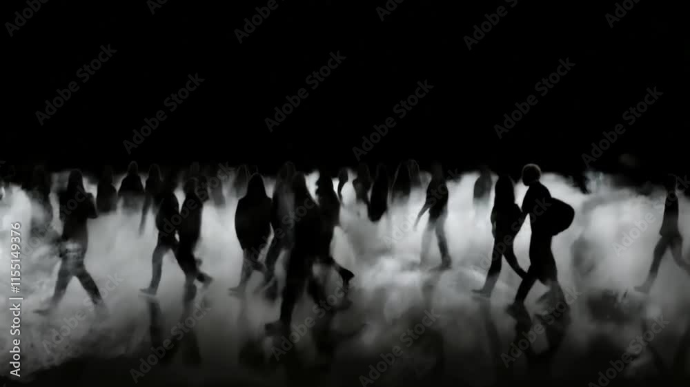 Amidst the smoke, many silhouetted people walk away. A video that seems to express urban anxiety.