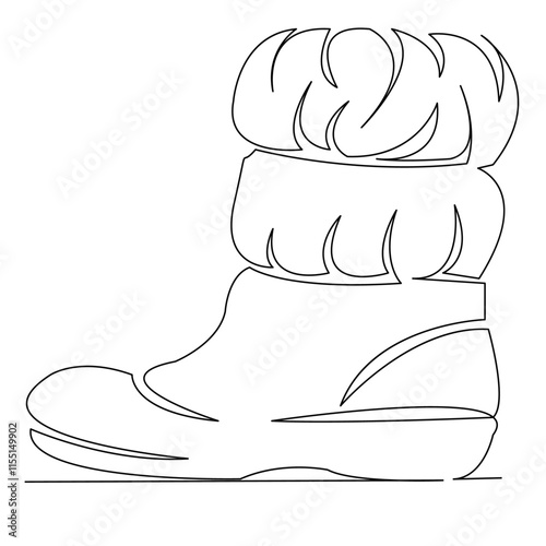 One continuous single drawing line art flat doodle boot, fashion, cold, shoe, object, white, footwear, snow, winter, snowflake. Isolated image hand draw contour on a white background
