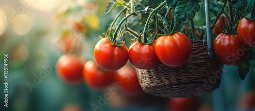 Greenhouse tomatoes in hanging baskets photo