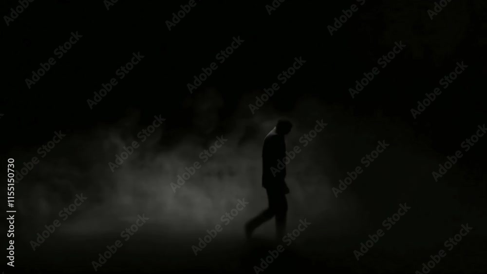 dark background. In the smoke, a person walks with his tongue pointed out.
