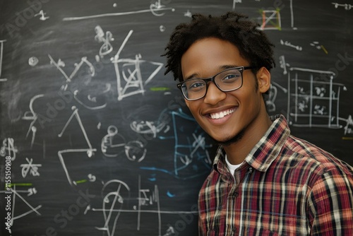 Smiling young Black male student with glasses, standing in front of a chalkboard filled with mathematical equations.