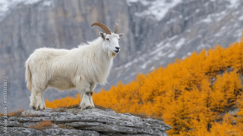 Fototapeta premium Majestic white mountain goat stands atop a rocky outcrop amidst a backdrop of autumnal golden larch trees and gray mountains.