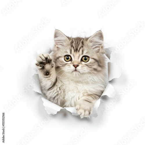 Adorable Minuet Kitten Emerging from Torn Paper - Fluffy and Curious Feline on White photo