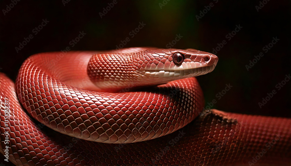 Fototapeta premium A red snake is curled up on a branch. The snake is long and thin, with a red body and black head. The snake appears to be resting, and the image has a calm and peaceful mood.