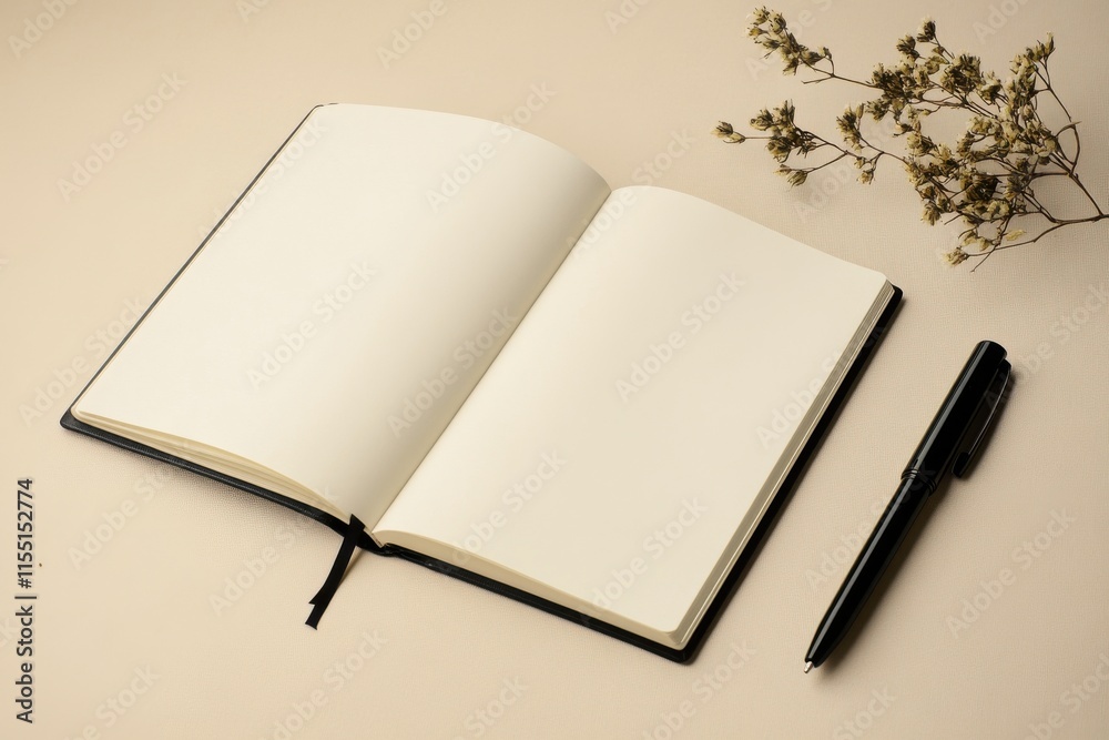 An open blank notebook with a black pen and dried flowers on a neutral beige background. An open blank notebook with a black pen and dried flowers on a neutral beige background.