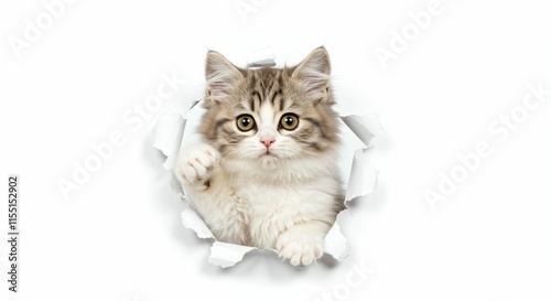 Charming Minuet Kitten Poking Through Torn Paper - Fluffy and Elegant on White Background photo