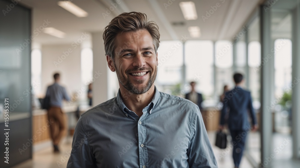 Smiling man in a bright office with businesspeople in the background Smiling man in a bright office with businesspeople in the background