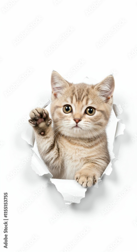 Obraz premium Adorable Munchkin Kitten Emerging Through Torn Paper - Playful Feline on White Background