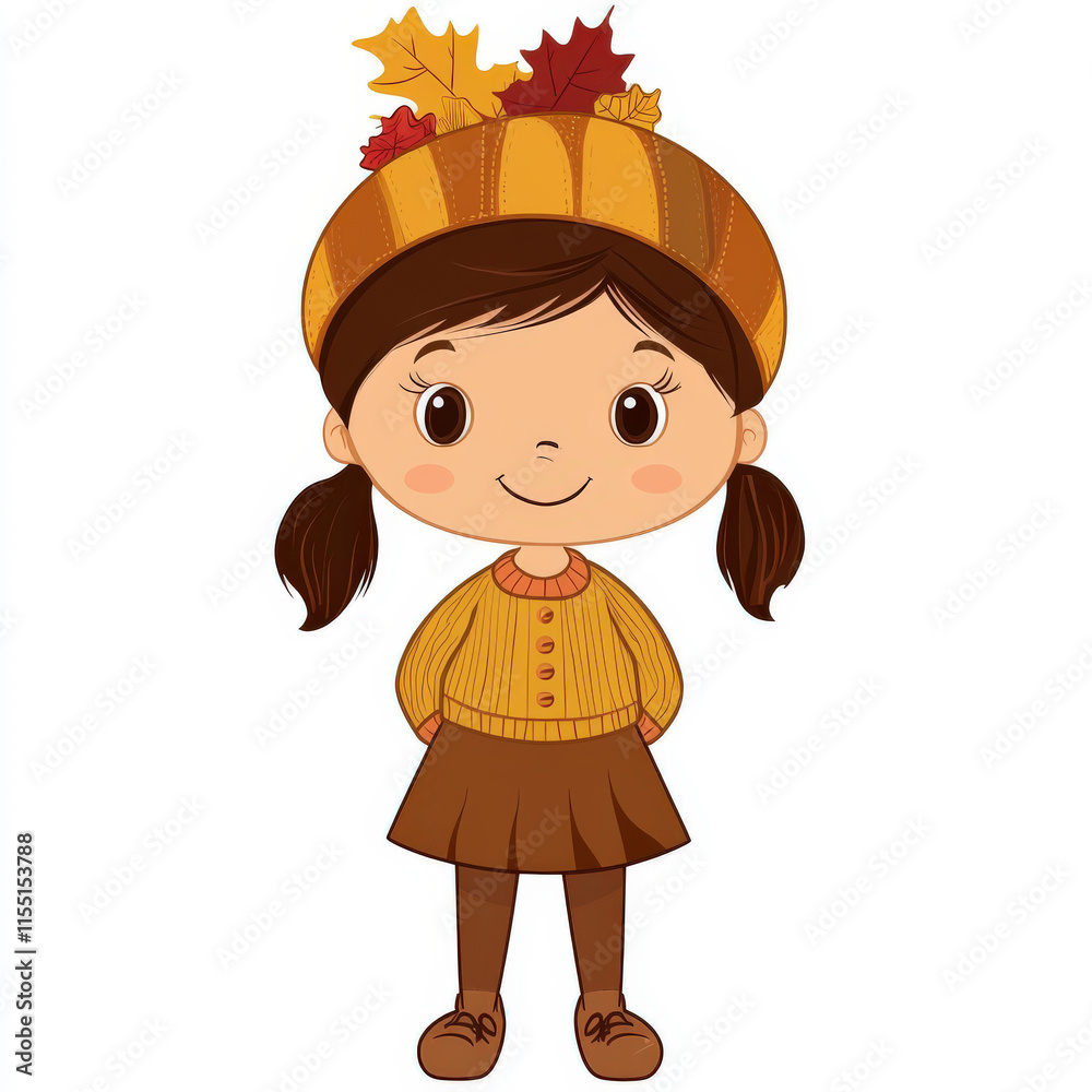 Cheerful cartoon girl wearing a cozy autumn sweater and hat, surrounded by vibrant falling leaves, perfect for seasonal illustrations and designs Cheerful cartoon girl wearing a cozy autumn sweater and hat, surrounded by vibrant falling leaves, perfect for seasonal illustrations and designs