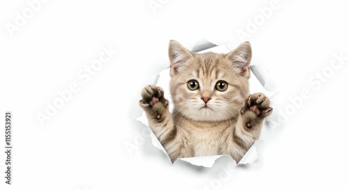 Charming Minuet Kitten Poking Through Torn Paper - Fluffy and Elegant on White Background photo