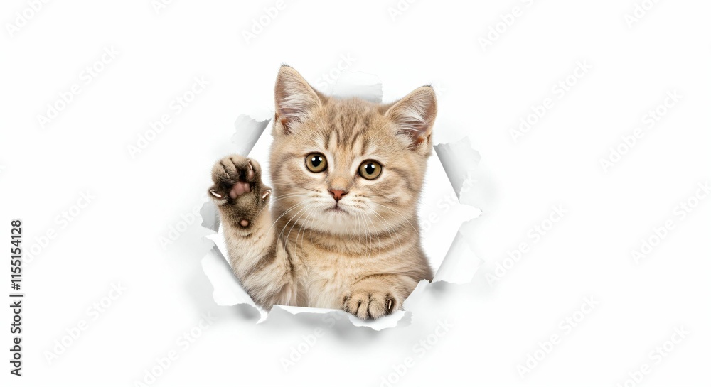 Obraz premium Adorable Munchkin Kitten Emerging Through Torn Paper - Playful Feline on White Background