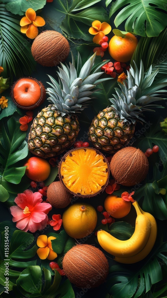 A vibrant arrangement of tropical fruits and flowers, showcasing nature's bounty and beauty. A vibrant arrangement of tropical fruits and flowers, showcasing nature's bounty and beauty.