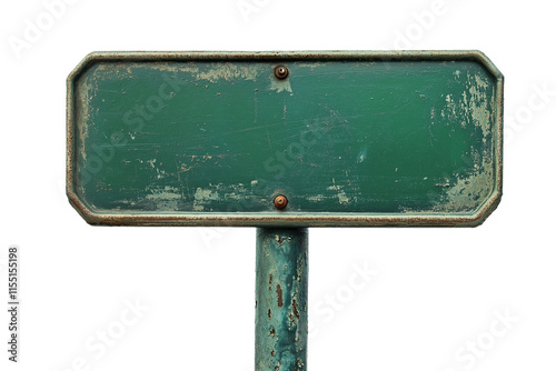 old weathered blank green metal road sign, street guide sign post board, cutout png