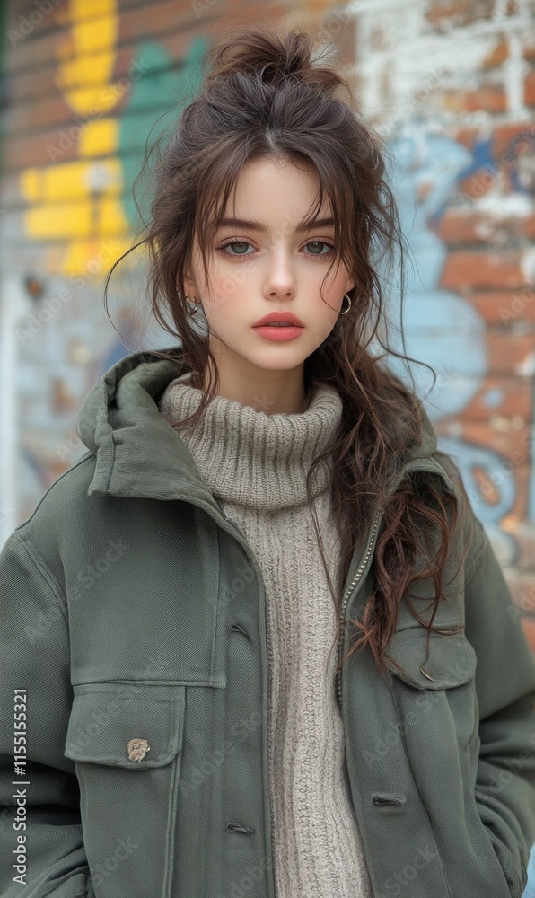 Portrayal of a young woman in urban setting wearing cozy sweater Portrayal of a young woman in urban setting wearing cozy sweater