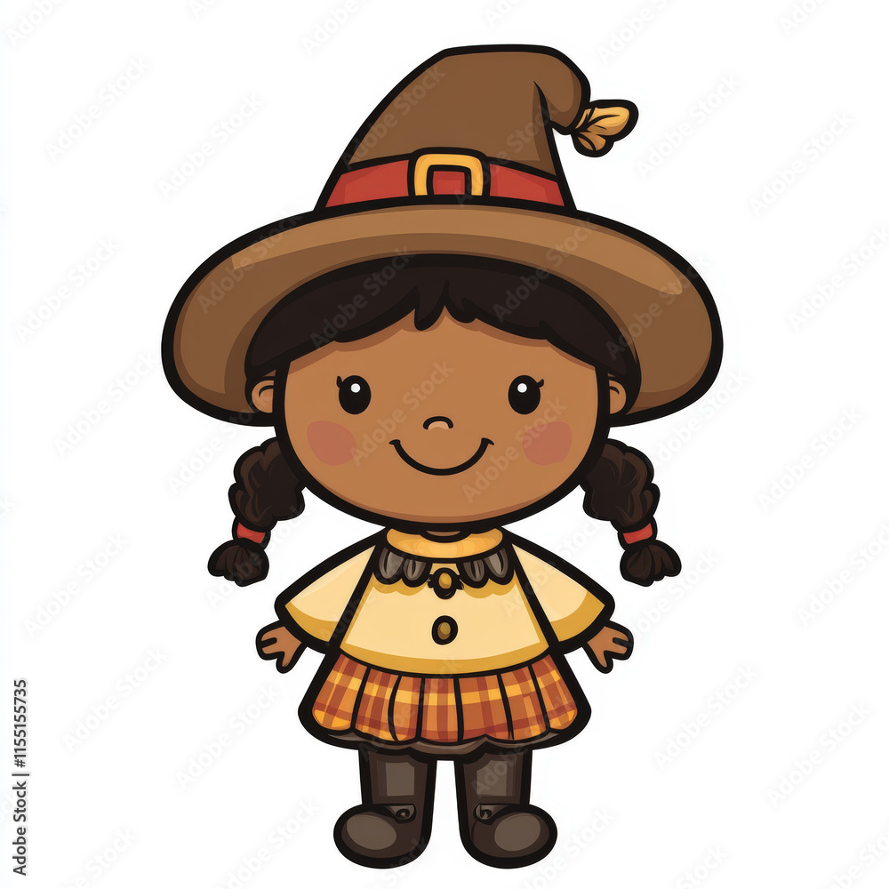 Cute cartoon girl in a traditional pilgrim outfit with a large hat and cheerful expression, perfect for autumn and Thanksgiving themes for children’s designs Cute cartoon girl in a traditional pilgrim outfit with a large hat and cheerful expression, perfect for autumn and Thanksgiving themes for children’s designs