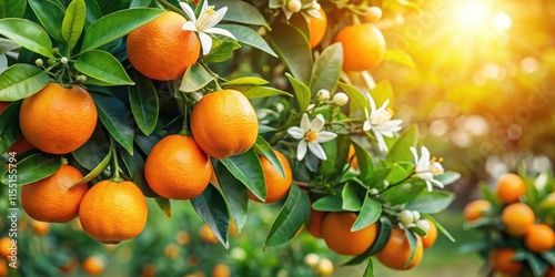 Orange tree with ripe fruits and fragrant orange blossom, Orange, tree, fruit, ripe, harvest, citrus, orchard, blossom