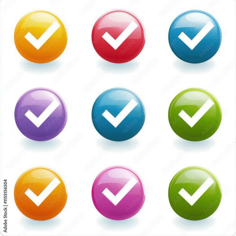 Colorful check mark icons in a 3x3 grid, featuring vibrant hues of orange, red, purple, blue, green, and pink. Colorful check mark icons in a 3x3 grid, featuring vibrant hues of orange, red, purple, blue, green, and pink.