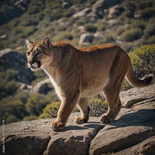 A mountain lion prowling on a rocky ledge.