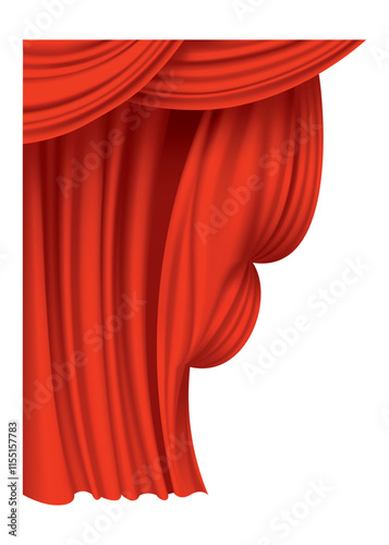Red curtains realistic. Theater fabric silk decoration for movie cinema or opera hall. Curtains and draperies interior decoration object. Isolated on transparent for theater stage