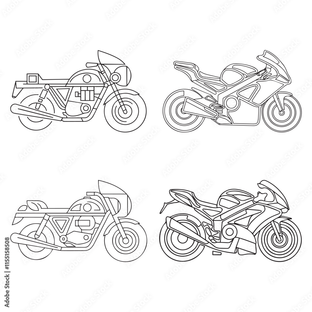 Obraz premium Vector line art motorcycle for concept design. Sport bike black contour outline sketch illustration isolated on white background. Stroke without fill. Cower drawing. Black-white icon.