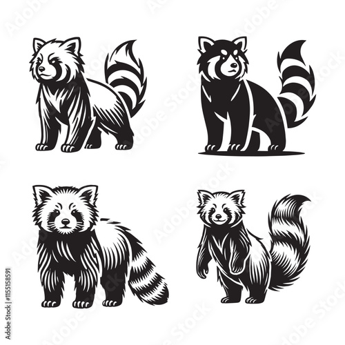 4 Set of Black Standing Red Panda Silhouettes Isolated on White Background