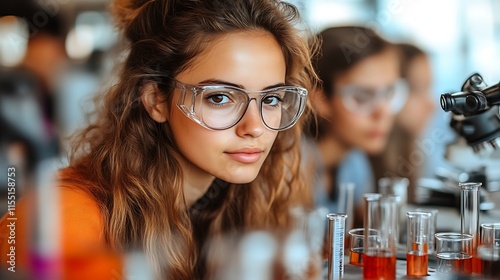 Focused female student in science lab.