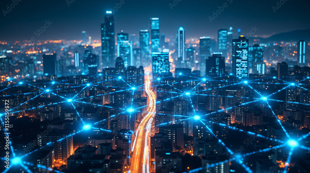 Obraz premium 5G wireless network, high speed internet, cloud computing or connect diagram technology, Data storage, service, synchronize, online, financial, Connectivity global, smart city, Gen by AI