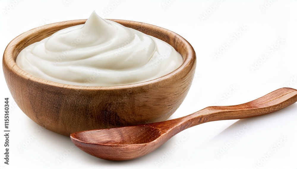 Dairy product showcased: Creamy yogurt with a swirled texture, served in a wooden bowl and spoon against a clean white background. Dairy product showcased: Creamy yogurt with a swirled texture, served in a wooden bowl and spoon against a clean white background.