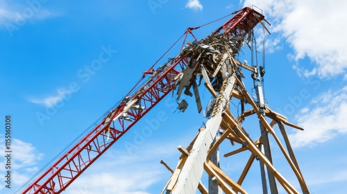 A damaged red construction crane stands against a bright blue sky, showcasing the aftermath of an accident.