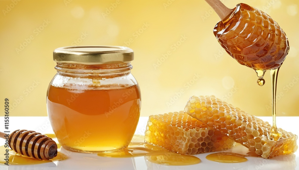 Glass jar of honey set with lid closeup 3 Glass jar of honey set with lid closeup 3