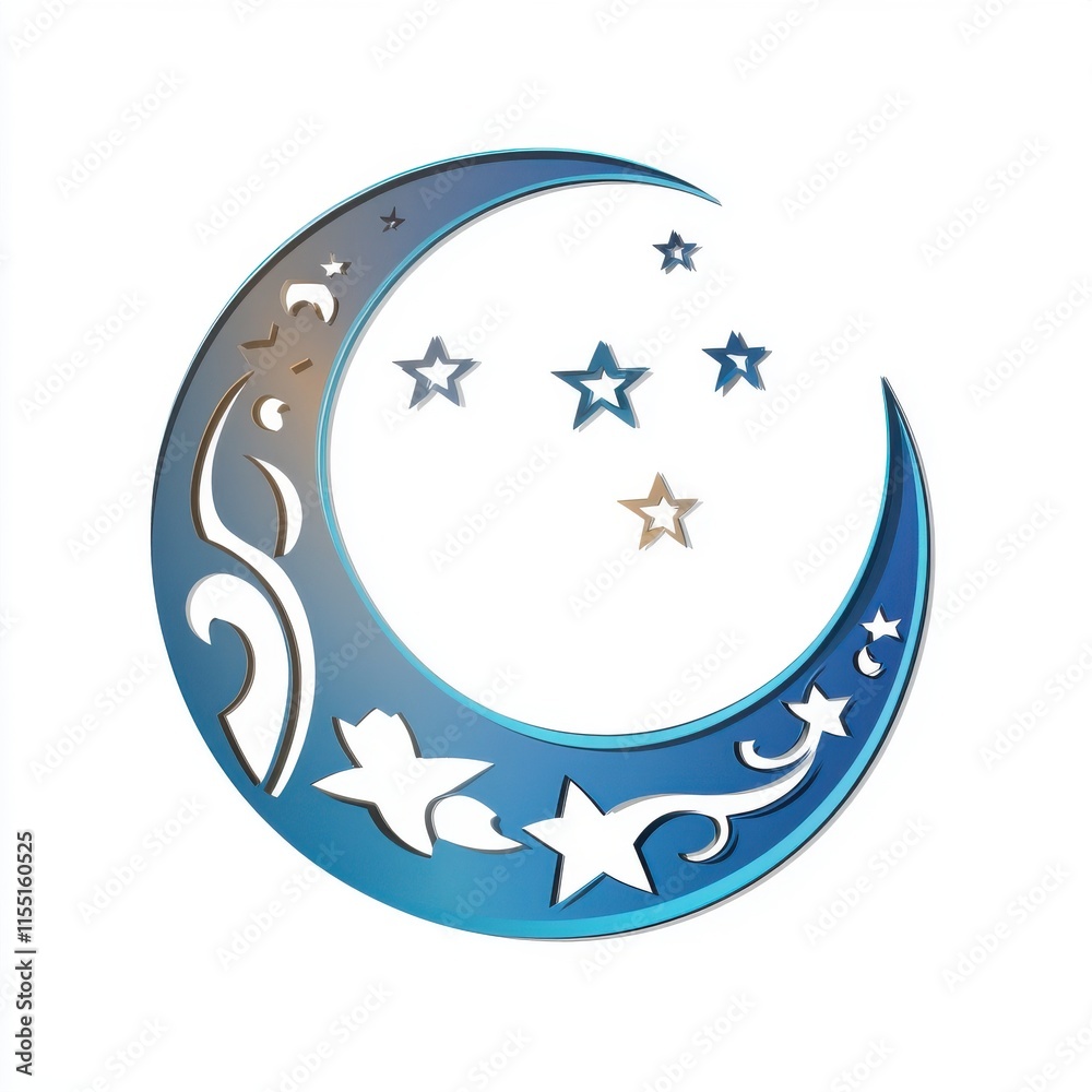 A decorative crescent moon with intricate designs and stars, showcasing a serene night theme in vibrant blue hues. A decorative crescent moon with intricate designs and stars, showcasing a serene night theme in vibrant blue hues.