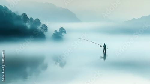 A blurry shot of an angler in the middle of a calm lake with completely blurred objects, creating an aesthetic impression from a color perspective