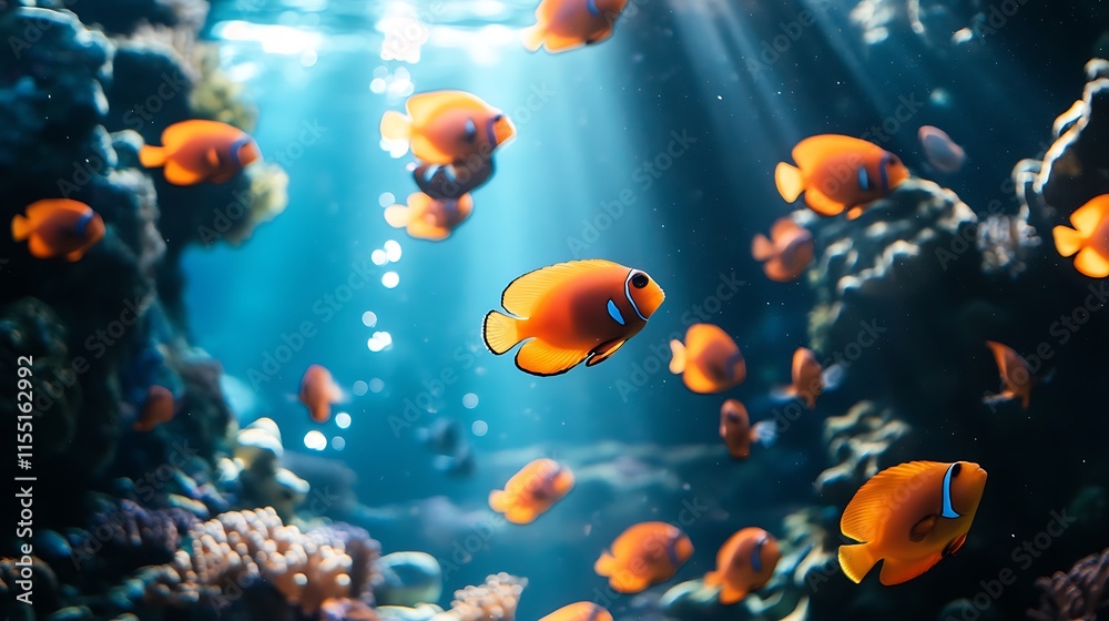 Fototapeta premium Orange fish school underwater coral reef