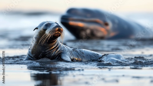 Seal and whale overcoming an oil spill disaster on the pollution coast