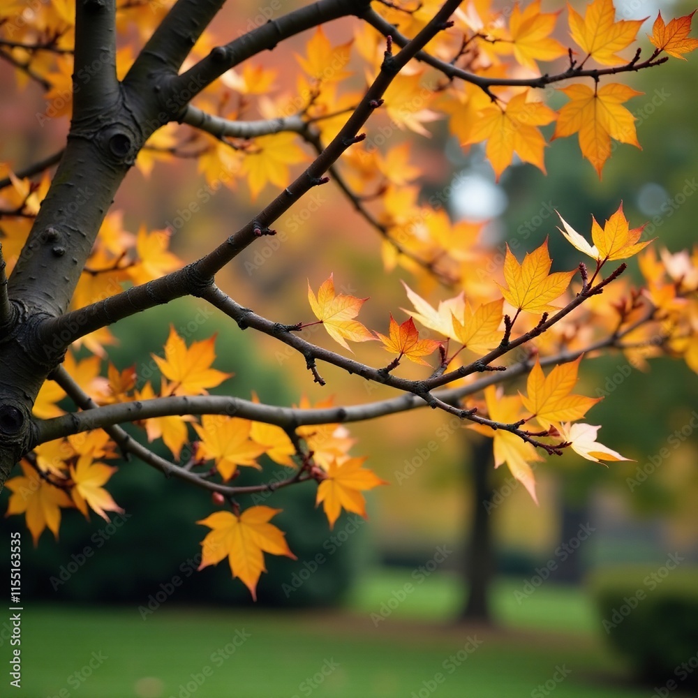 A bare tree branch with a few scattered golden autumn leaves, outdoor, branches A bare tree branch with a few scattered golden autumn leaves, outdoor, branches