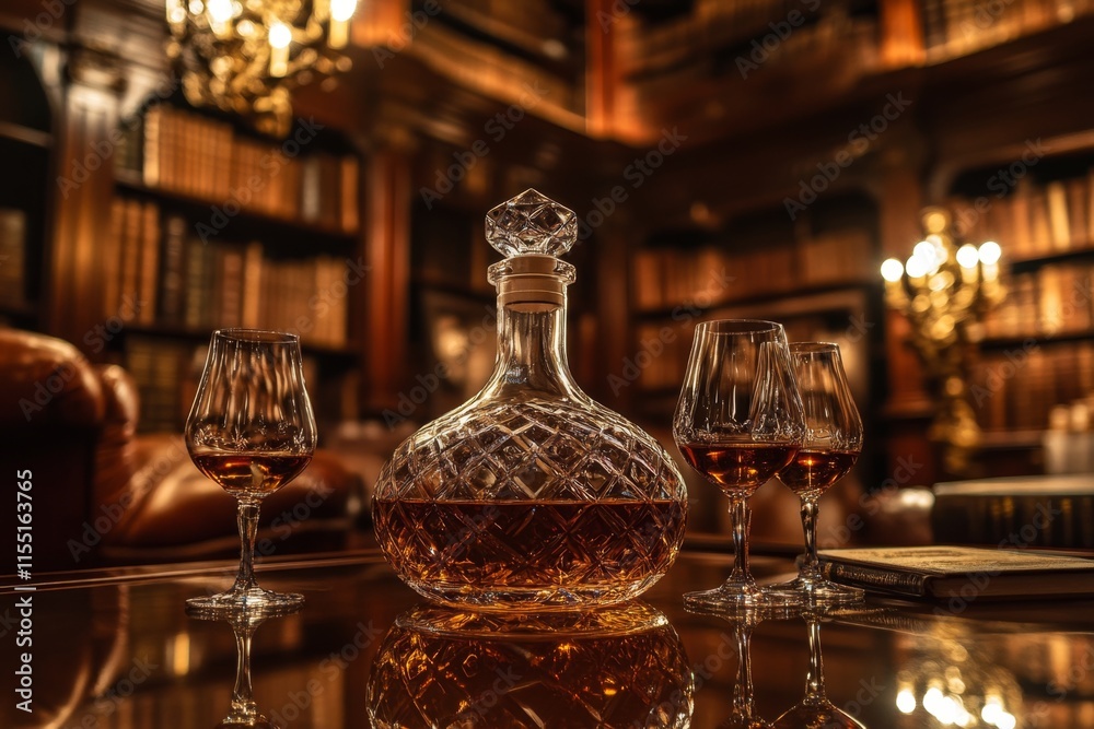 Luxury Cognac Decanter and Glasses in a Library Setting Luxury Cognac Decanter and Glasses in a Library Setting