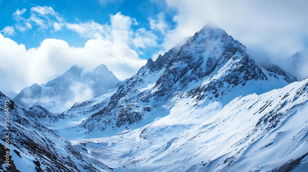 Obraz premium Majestic Snowy Mountain Peaks. Winter Landscape, Nature, Adventure
