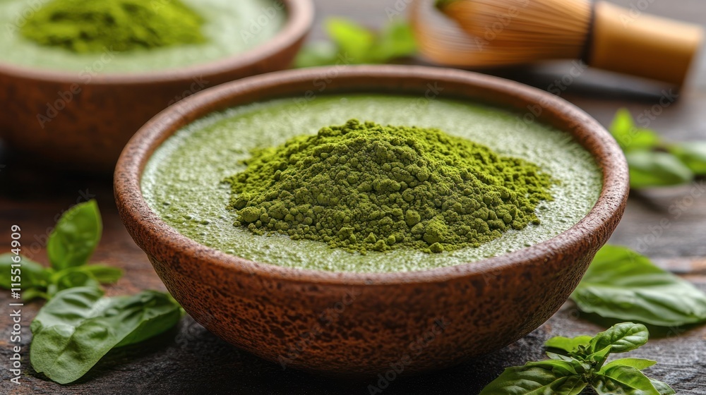 Matcha powder on creamy green dessert in bowl. Matcha powder on creamy green dessert in bowl.