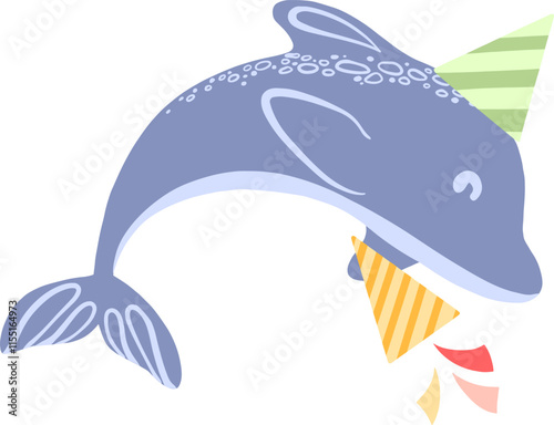 Vector cute dolphin with jolly cracker. Design for birthday postcard.