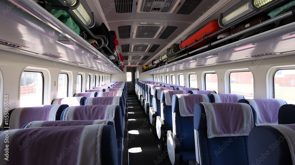 Bus interior empty seats, clean new vehicle. Generative AI Bus interior empty seats, clean new vehicle. Generative AI