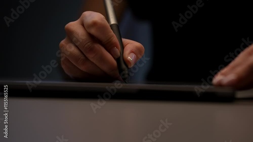 Female graphic designer using digital pen and tablet to create illustrations, artwork or designs sitting at desk in dark environment. Illustrator drawing on graphic tablet with stylus, closeup, slowmo