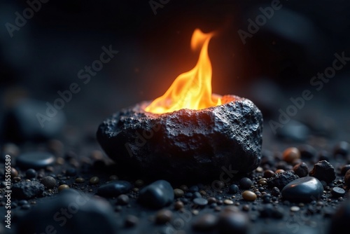 A black stone is lit with an inner flame that casts a warm glow in the darkness, luminescence, illumination, ember