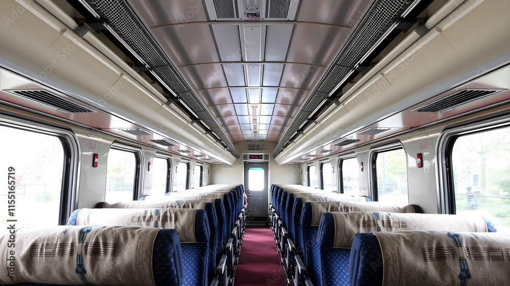 Fototapeta premium Bus interior empty seats, clean new vehicle. Generative AI