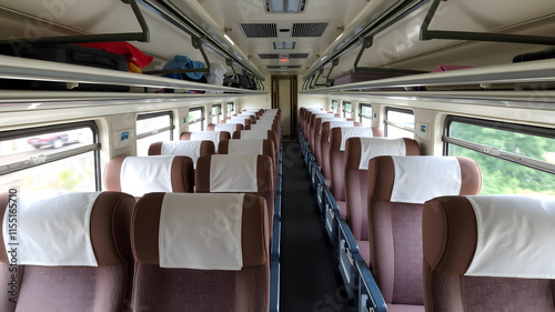 Bus interior empty seats, clean new vehicle. Generative AI photo