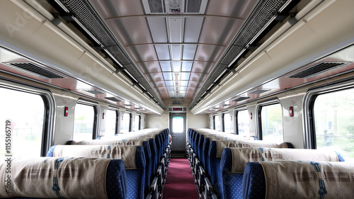 Bus interior empty seats, clean new vehicle. Generative AI photo