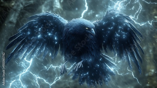 Electric raven with wings spread in stormy sky. photo